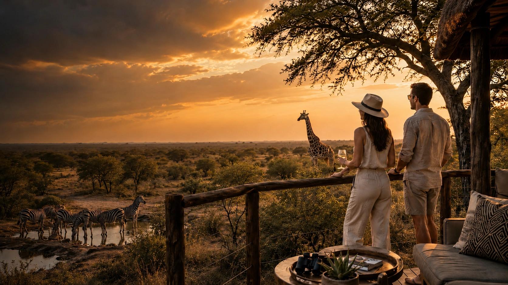 International visitors overlooking a sunset safari landscape with giraffe and zebras